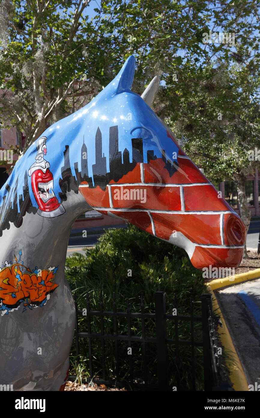 A beautiful painted horse sculpture, part of Horse Fever, a public art project of painted horses by the Marion Cultural Alliance in Ocala, Florida. Th Stock Photo