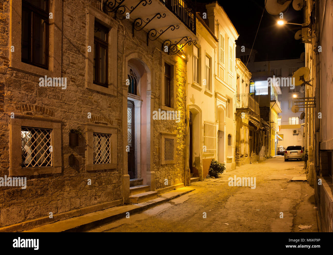 Night View Of Historical Old Street In Old Town Of Ayvalik Stone night-view-of-historical-old-street-in-old-town-of-ayvalik-stone