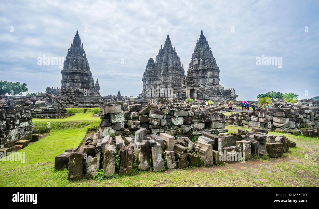 Indonesia, Central Java, scattered masonry in the outer compounds of the mid-9th century Prambanan Hindu Temple Stock Photo