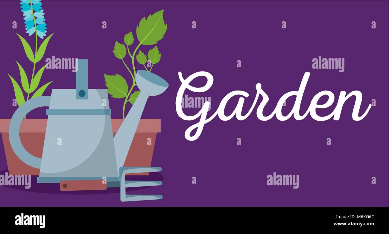 garden banner watering can rake and potted plant flower Stock Vector ...