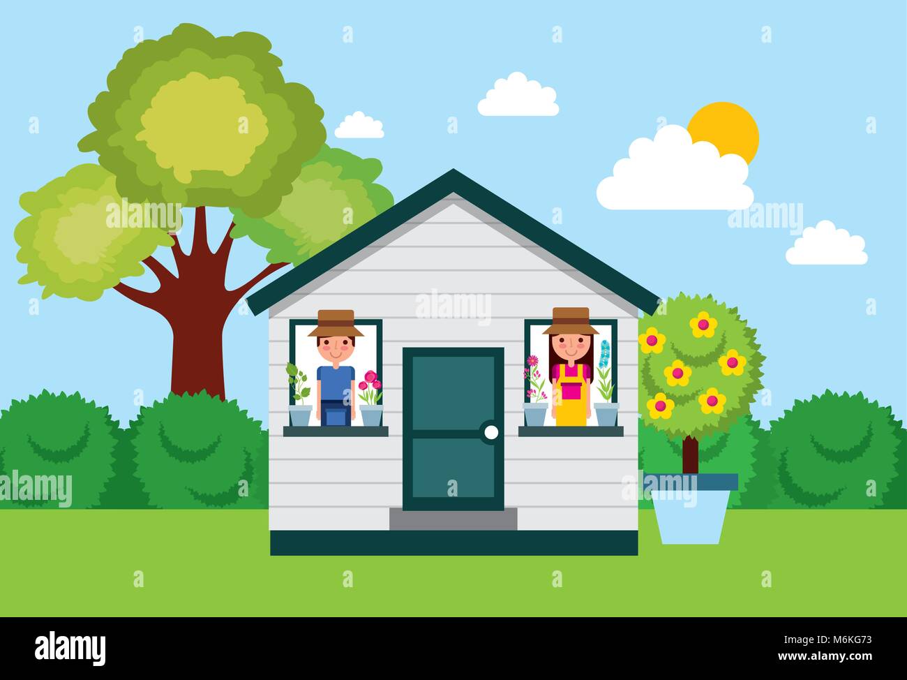 couple gardeners in house windows with potted flower and tree bushes garden Stock Vector