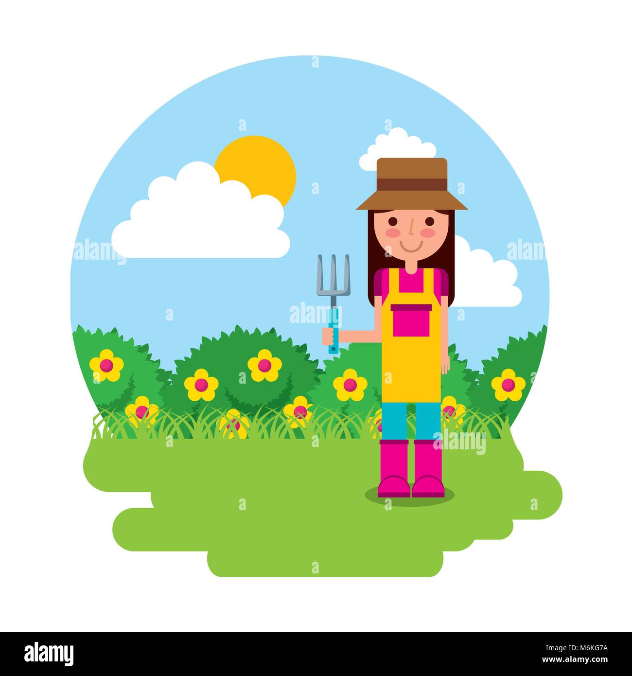 girl the gardener holding rake flowers Stock Vector Image & Art - Alamy