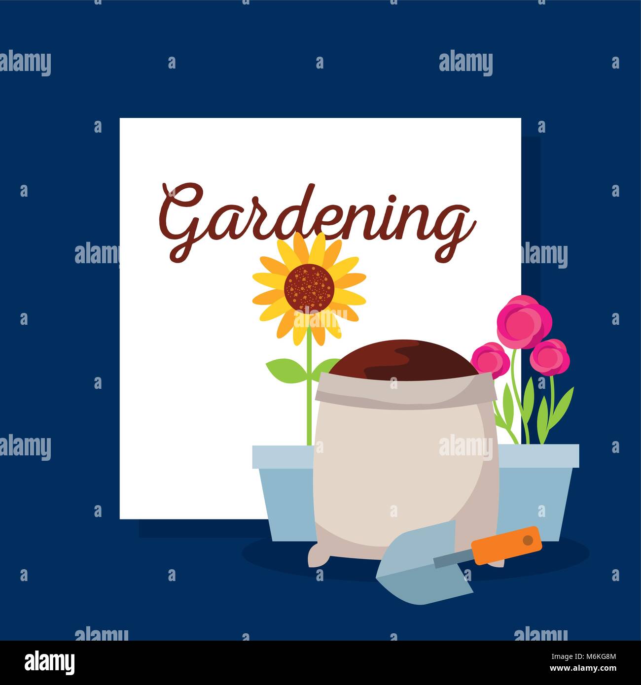gardening lettering potted flower roses and sunflower sack soil and shovel Stock Vector