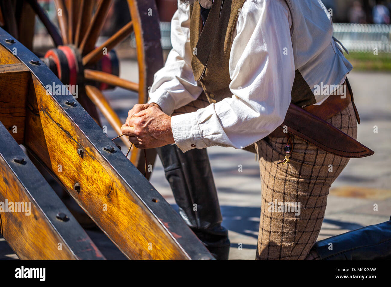 Close up of man dressed up as 19th century soldier for the anniversary of the Battle of the Alamo Stock Photo