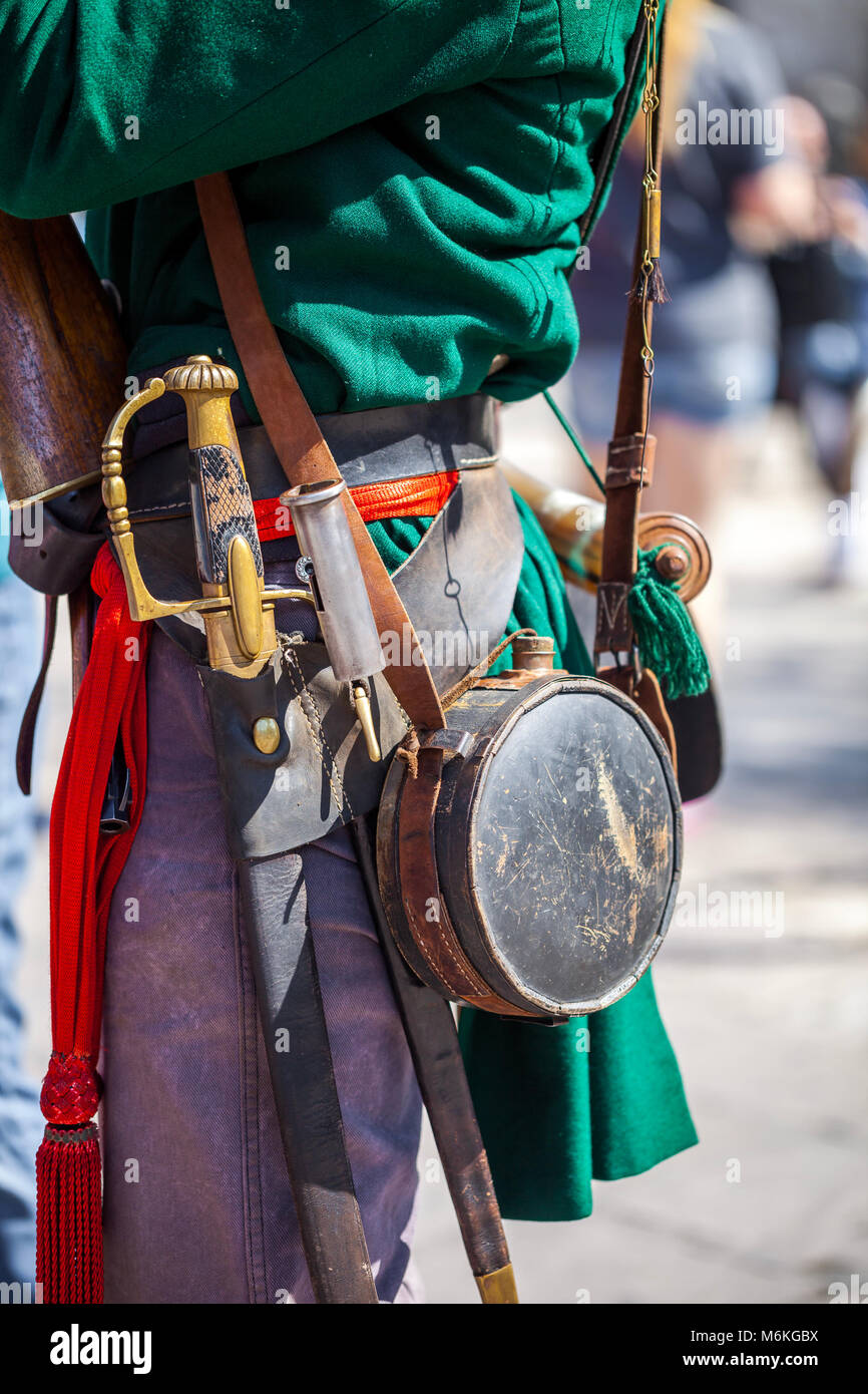Close up of man dressed up as soldier for the anniversary of the Battle of the Alamo Stock Photo