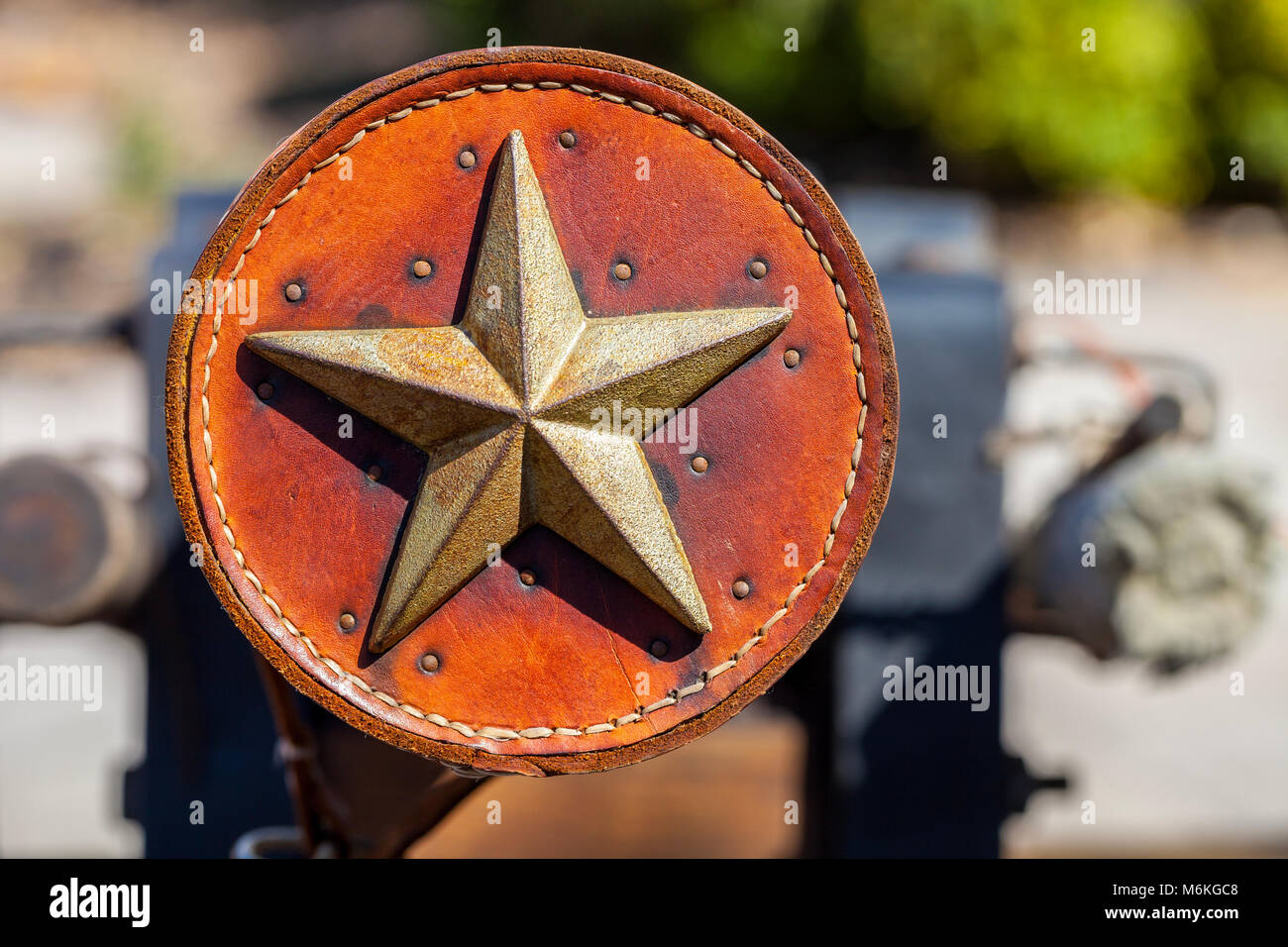 Antique leather ornament decorated with metal Texas star Stock Photo