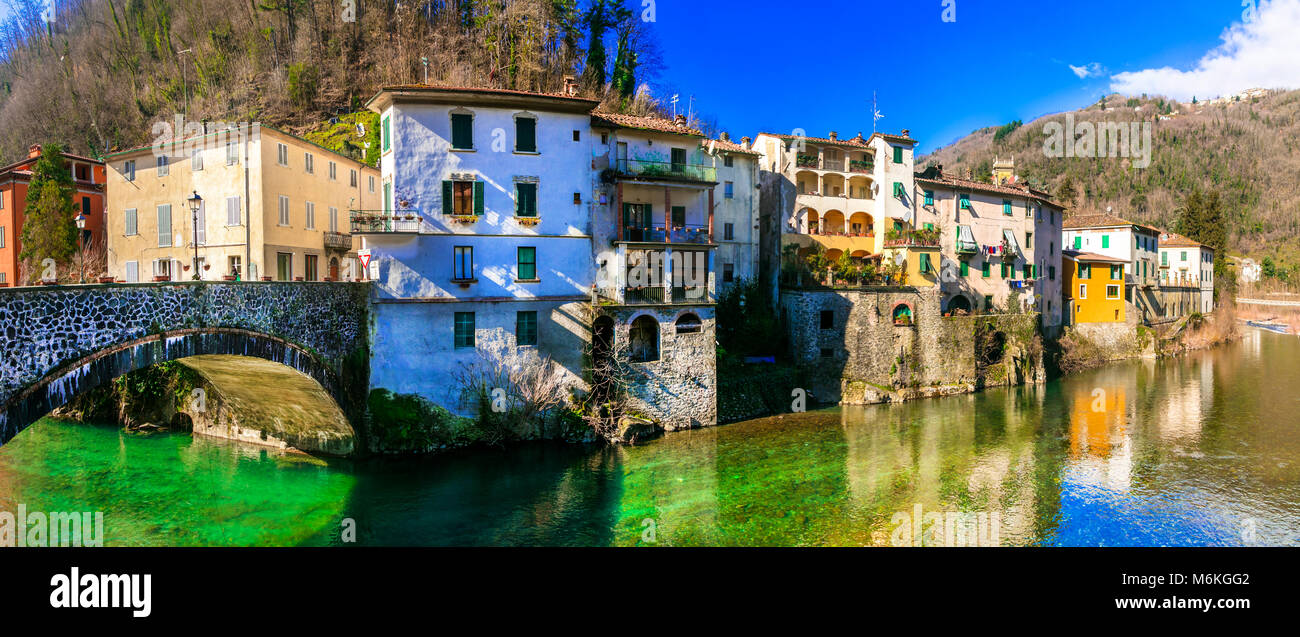 Traditional houses and old bridge in Bagni di Lucca,Tuscany,Italy. Stock Photo