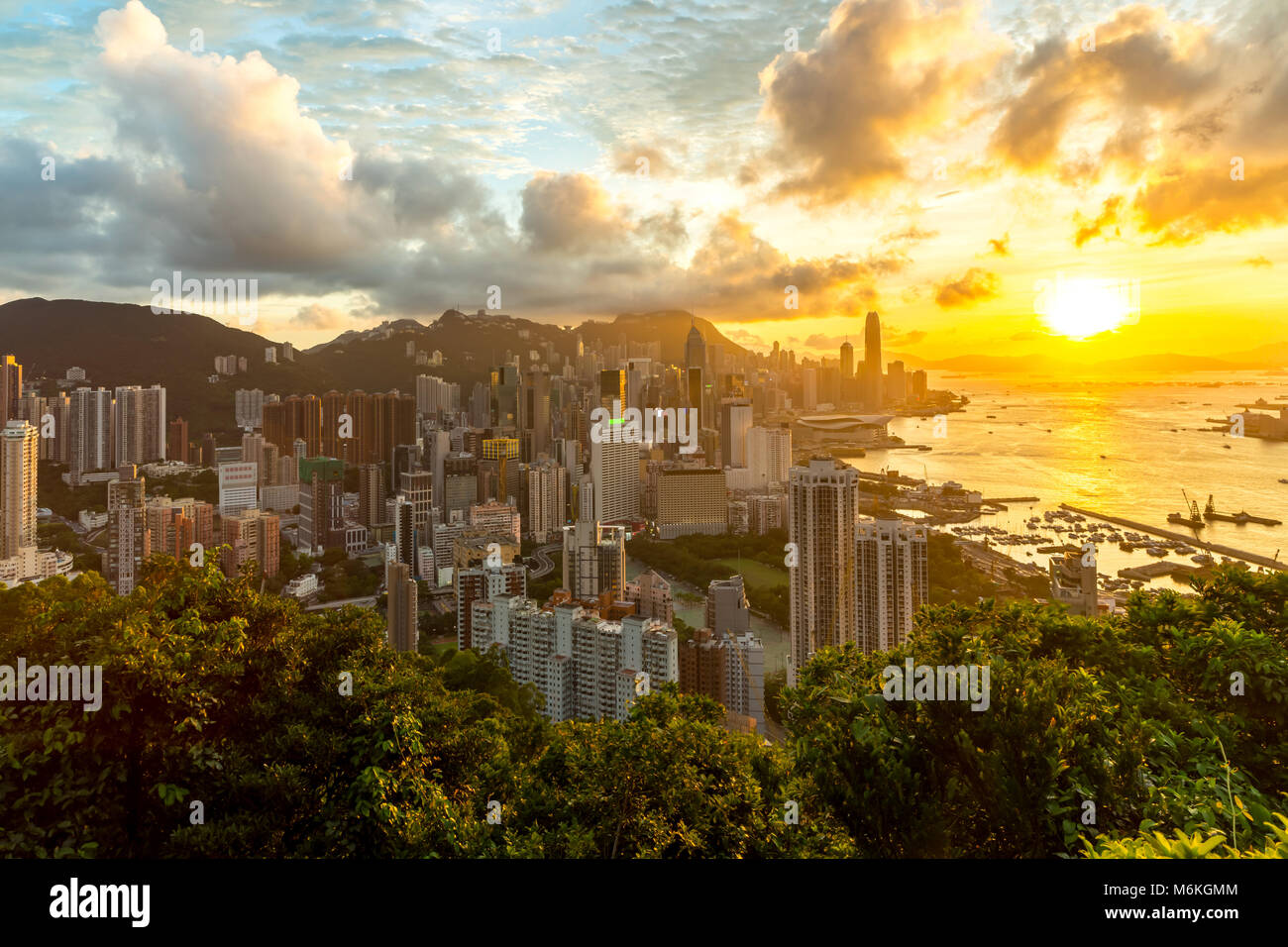 Aerial Sunset in Hong Kong city Skyline from braemar hill Stock Photo ...