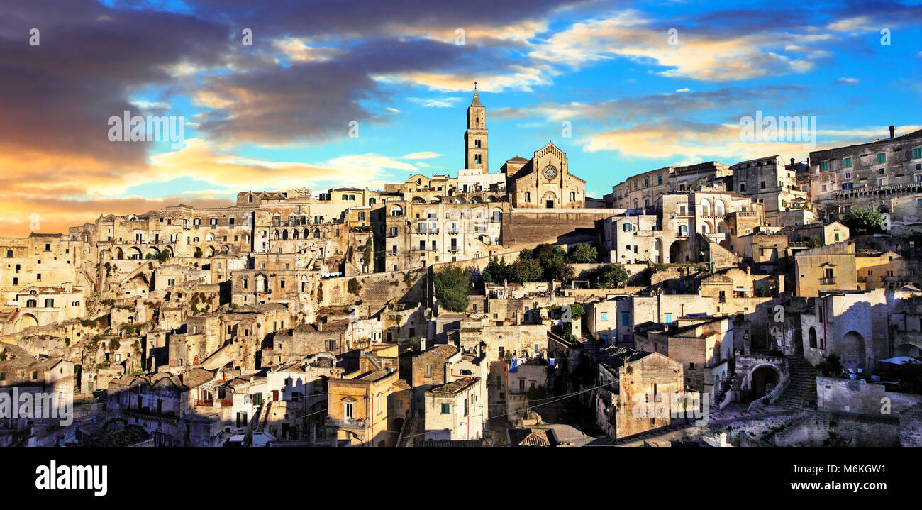 Beautiful Matera town over sunset,Basilicata,Italy. Stock Photo