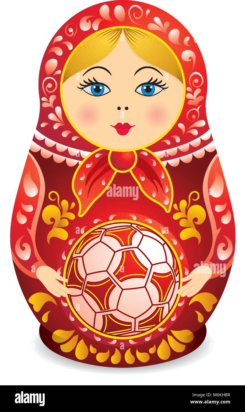 Drawing of a Matryoshka in red and yellow holding a soccer ball in her hands. Matryoshka doll also known as a Russian nesting doll, Stacking dolls Stock Vector