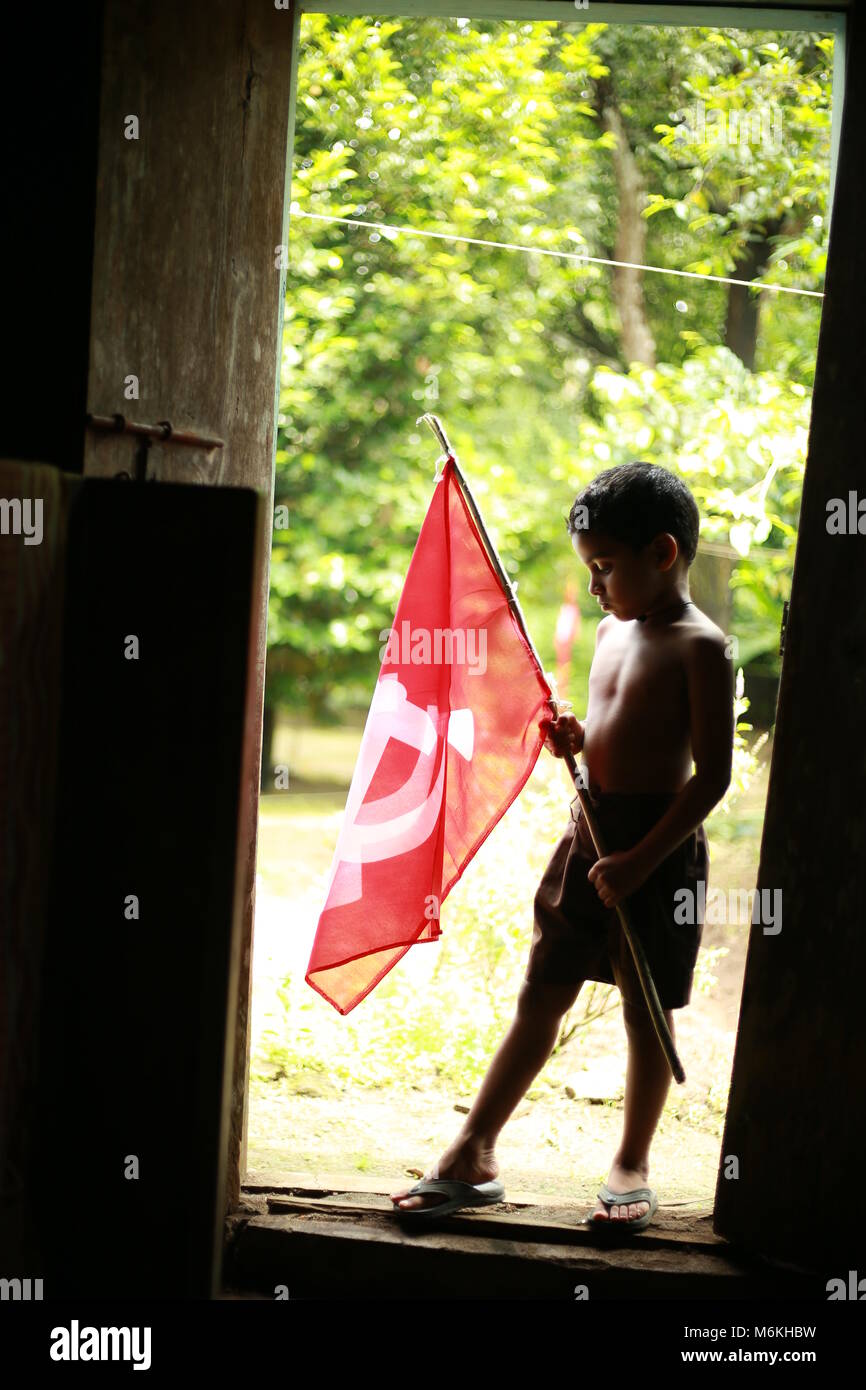 communist flag with boy and girl,.. Stock Photo