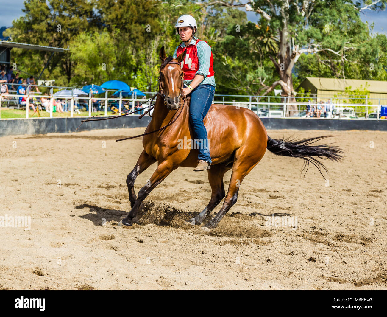 Rider pivots her horse in the King of the Ranges Bareback Freestyle Competition in Murrurundi, NSW, Australia, February 24, 2018. Stock Photo