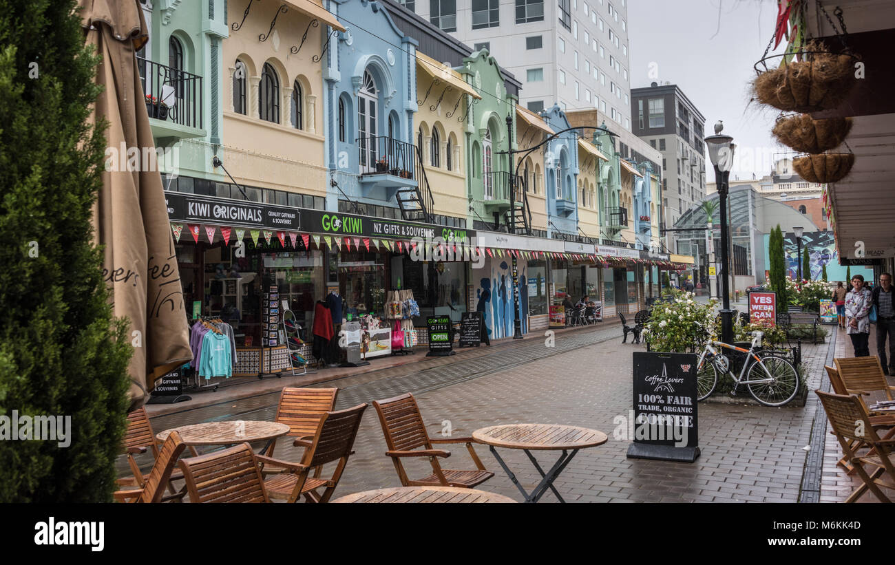 Colourful Shopping Area, Christchurch, South Island, New Zealand Stock Photo