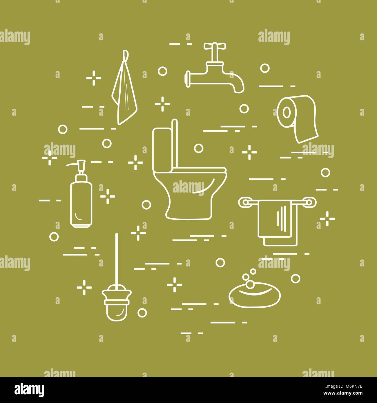 Toilet bowl, toilet paper, soap dispenser, brush for toilet bowl, soap