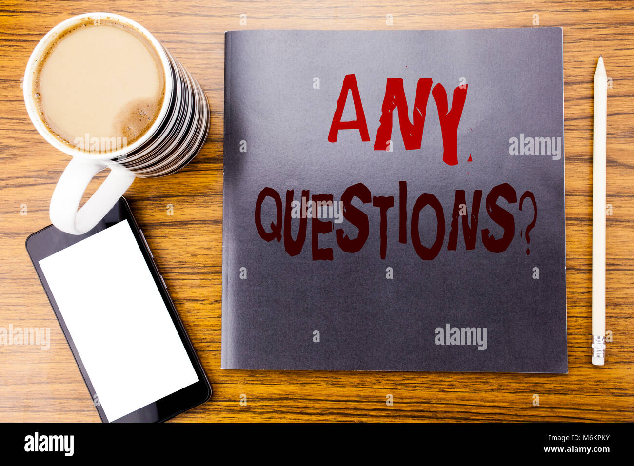 Handwriting Announcement text showing Any Questions. Business concept