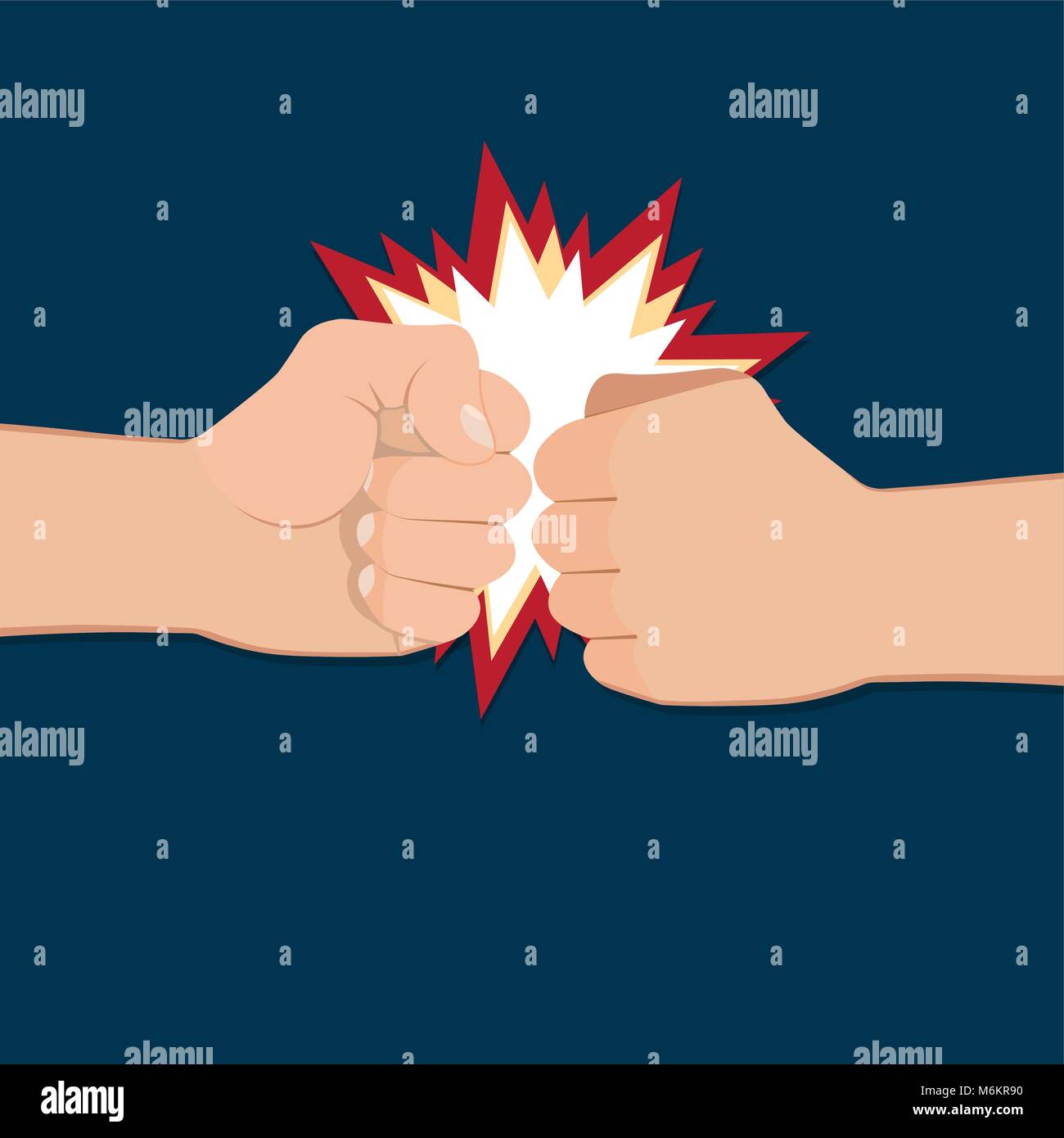 Two clenched fists in air punching. Vector illustration with two hands. Concept of aggression and violence. War conflict Stock Vector