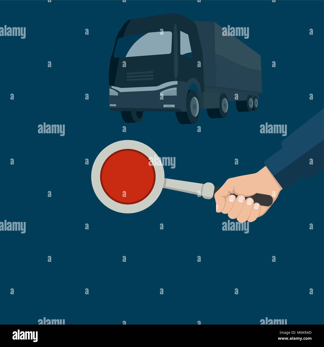 The police officer's hand holding a disk staff. The car on a night background. Vector illustration. Stock Vector