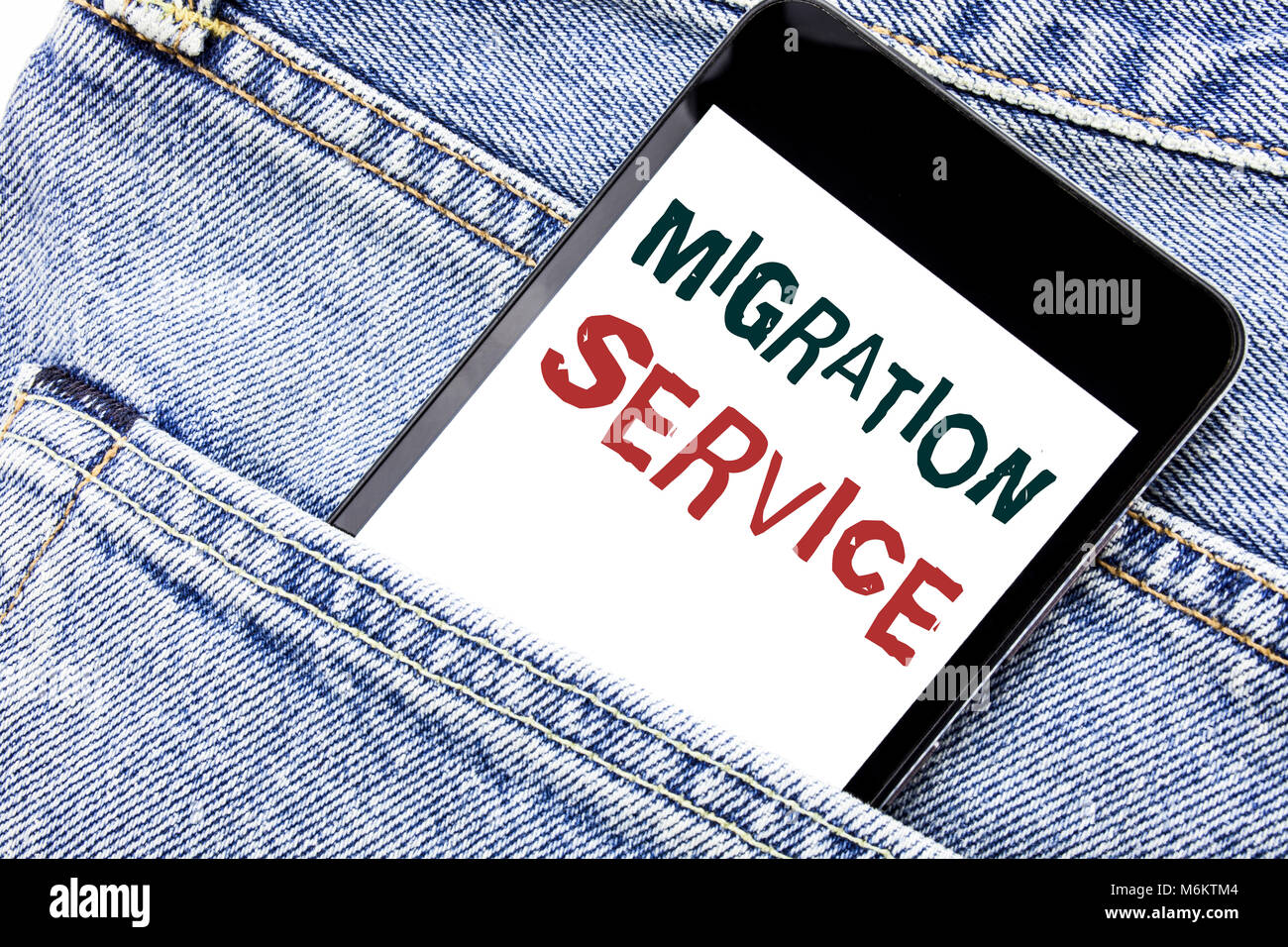 Handwriting Announcement text showing Migration Service. Business ...