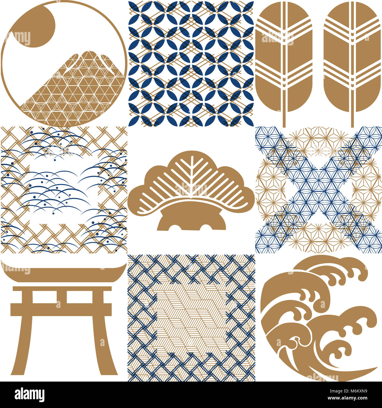 Japanese pattern and crest icons. Nature elements and geometric ...
