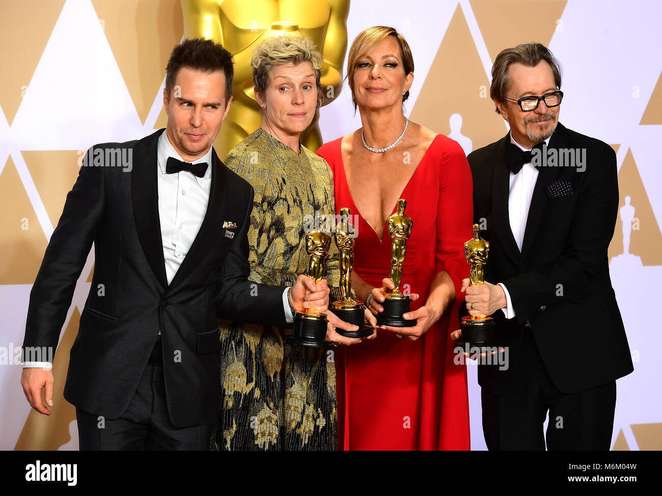 Sam Rockwell (Best Supporting Actor) Frances McDormand (Best actress) Allison Janney (Best Supporting actress) and Gary Oldman (Best Actor) with their Oscars in the press room at the 90th Academy Awards held at the Dolby Theatre in Hollywood, Los Angeles, USA.Â Stock Photo