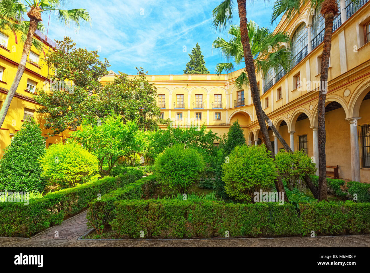 Seville, Spain - June 09, 2017 : Panoramic view of inner patio- Garden of the Prince (Jardin del Principe)  of the Royal Alcazar in Seville. Stock Photo