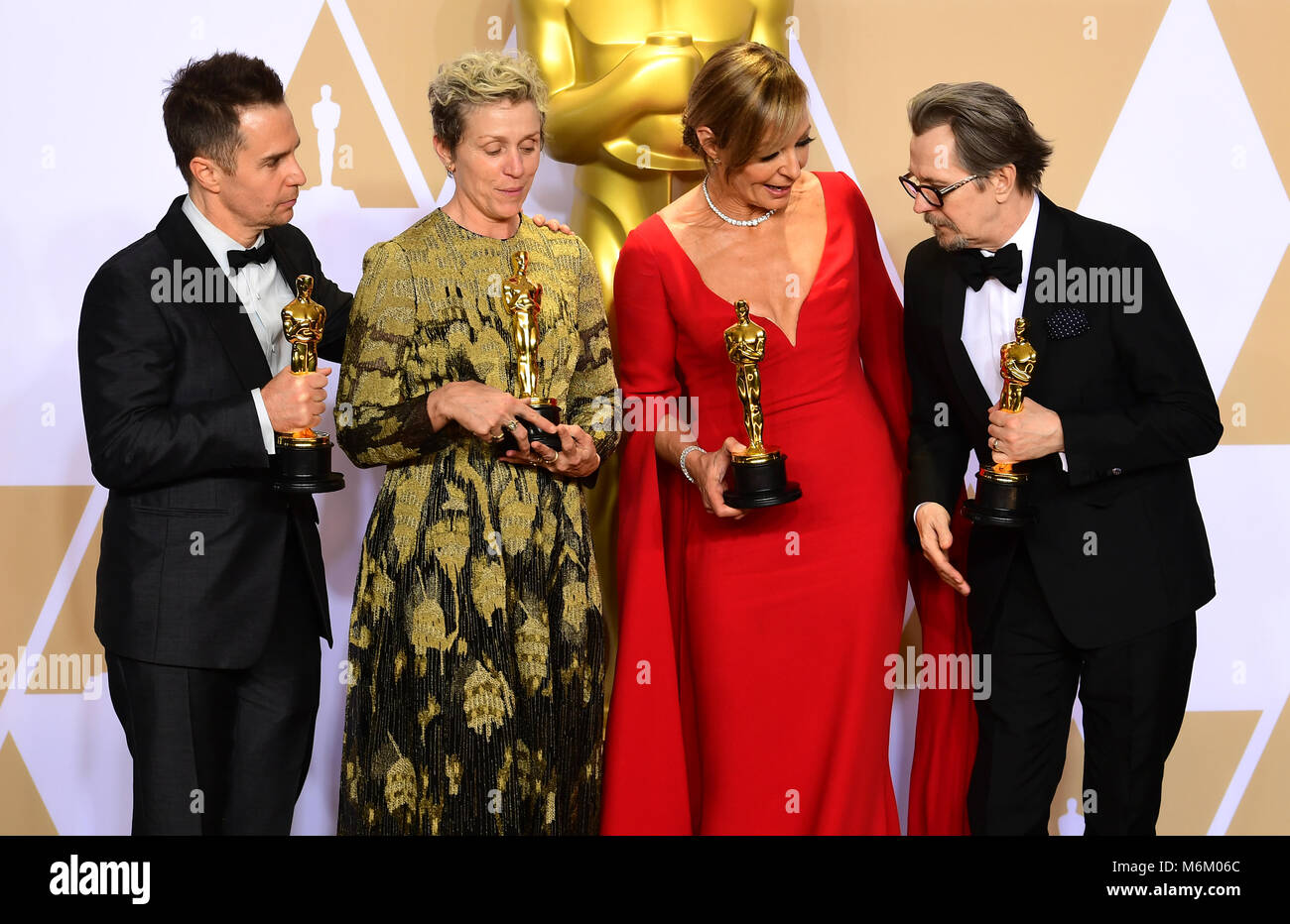 Sam Rockwell (Best Supporting Actor) Frances McDormand (Best actress) Allison Janney (Best Supporting actress) and Gary Oldman (Best Actor) with their Oscars in the press room at the 90th Academy Awards held at the Dolby Theatre in Hollywood, Los Angeles, USA.Â Stock Photo