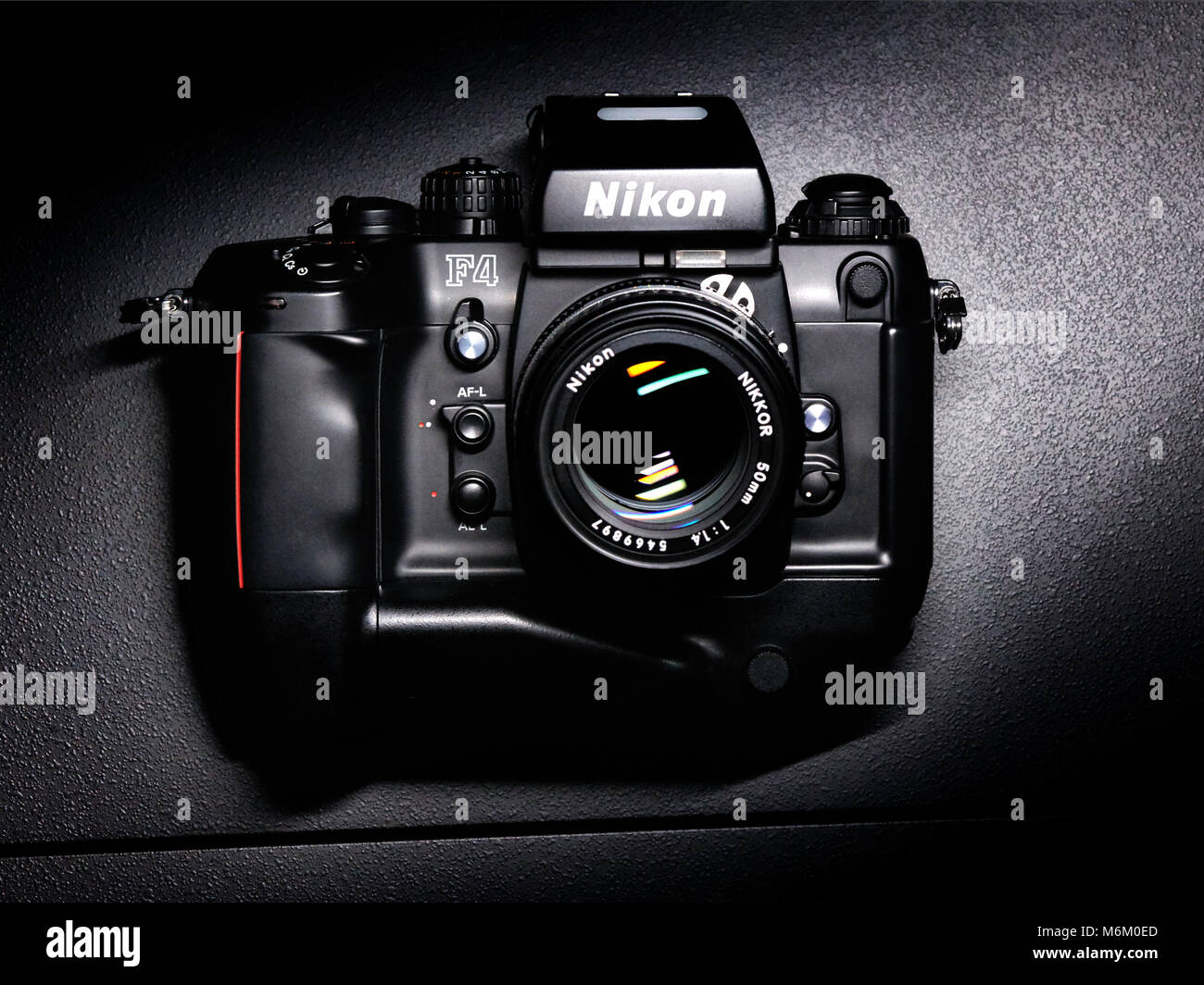 Nikon F4 analog camera with battery grip Stock Photo