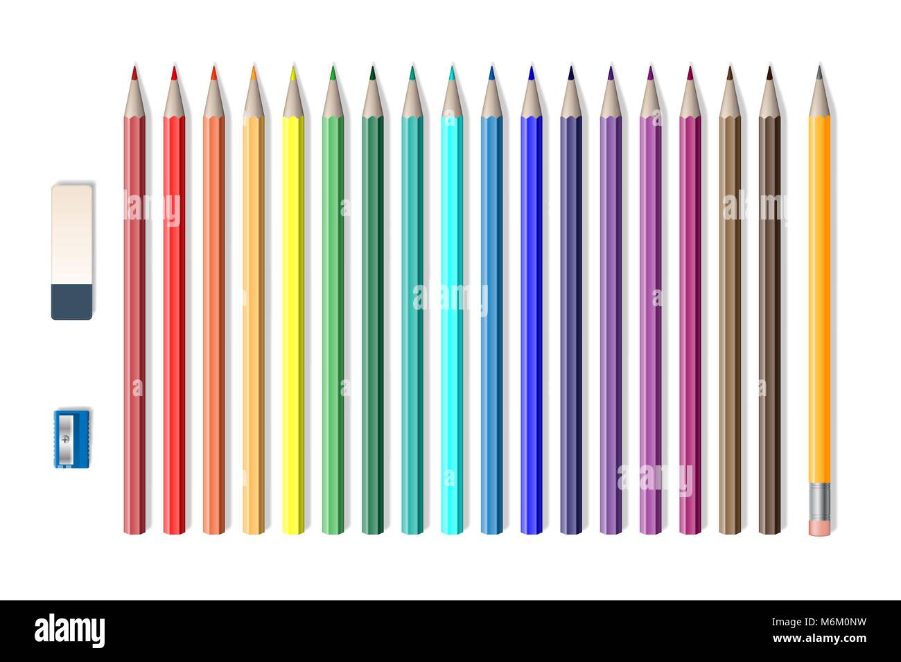 Set Of Colored Realistic Pencils With Sharpener And Eraser Isolated On