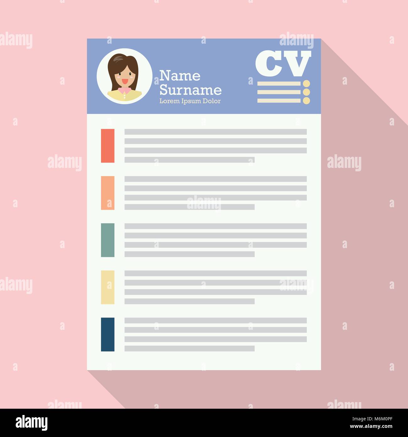 Curriculum Vitae or CV application paper sheet. Flat style vector Illustration Stock Vector