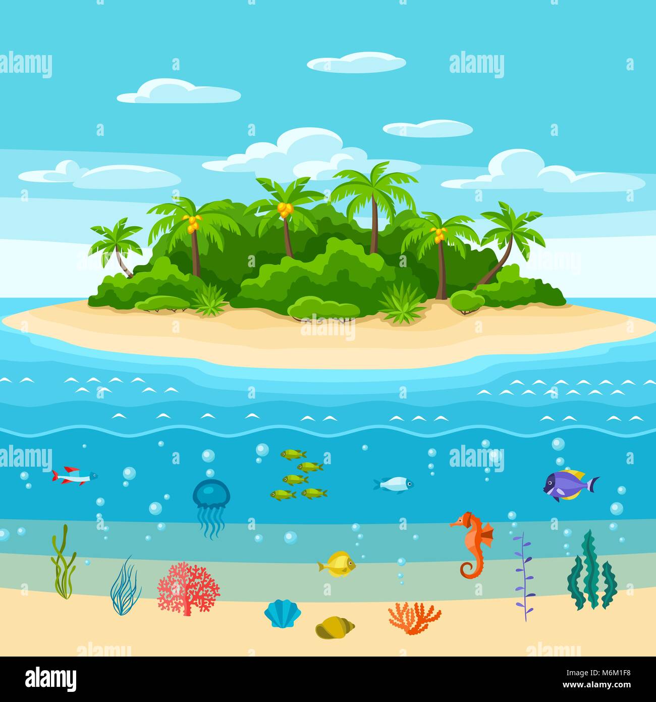 Illustration of tropical island in ocean. Landscape with ocean, palm trees and underwater life. Travel background Stock Vector