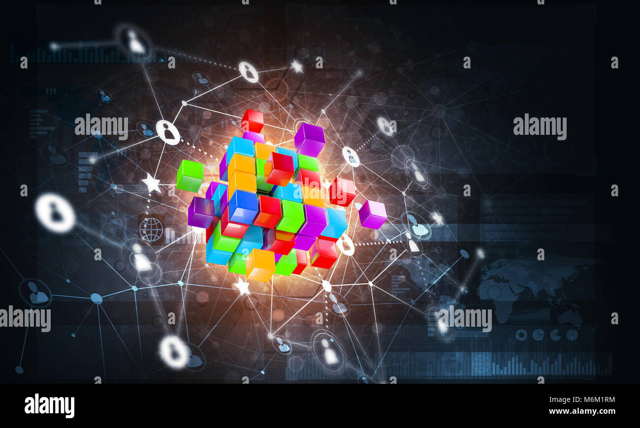 Concept of Internet and networking with digital cube figure on dark ...