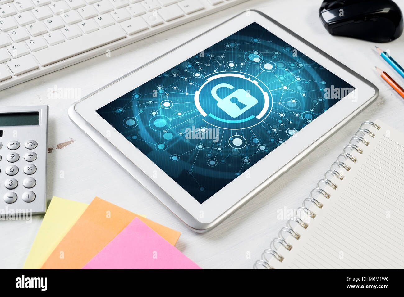 Web security and technology concept with tablet pc on wooden table ...
