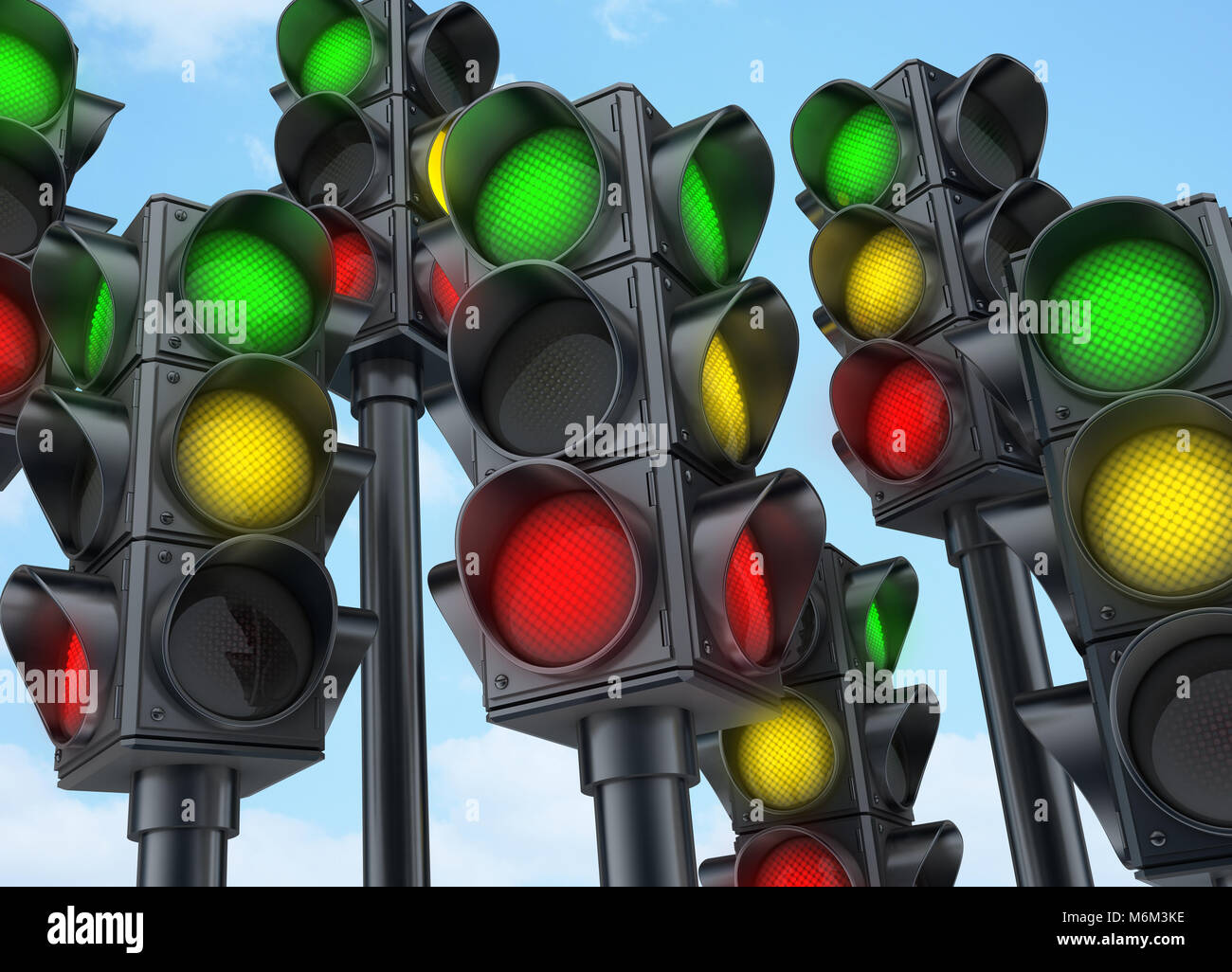 Many traffic lights green, yellow, red. 3d illustration Stock Photo