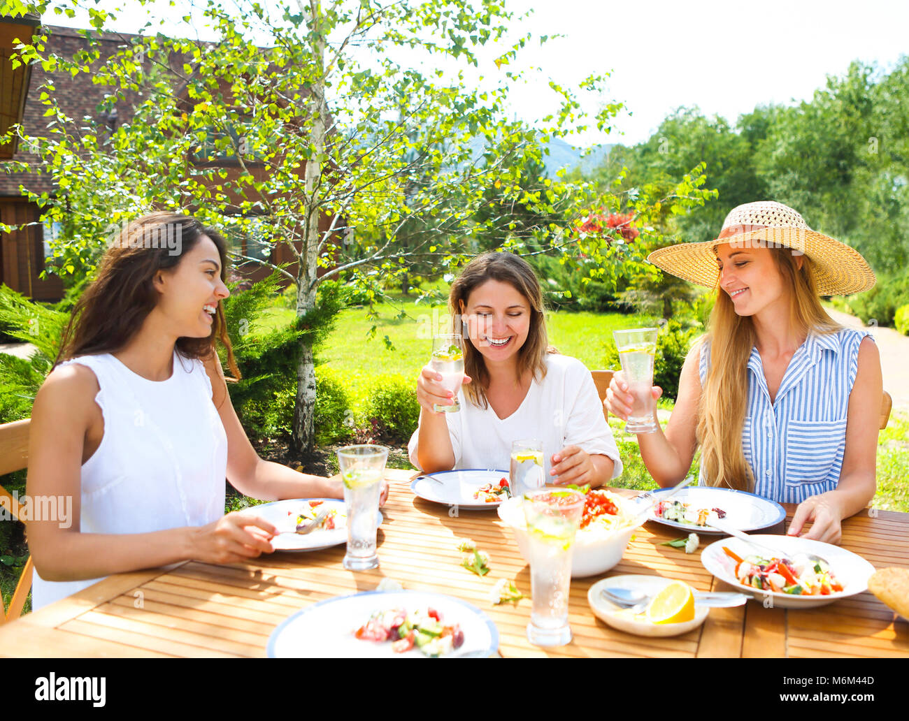 Happy female friends with glasses of lemonade at dining table in lawn Stock Photo