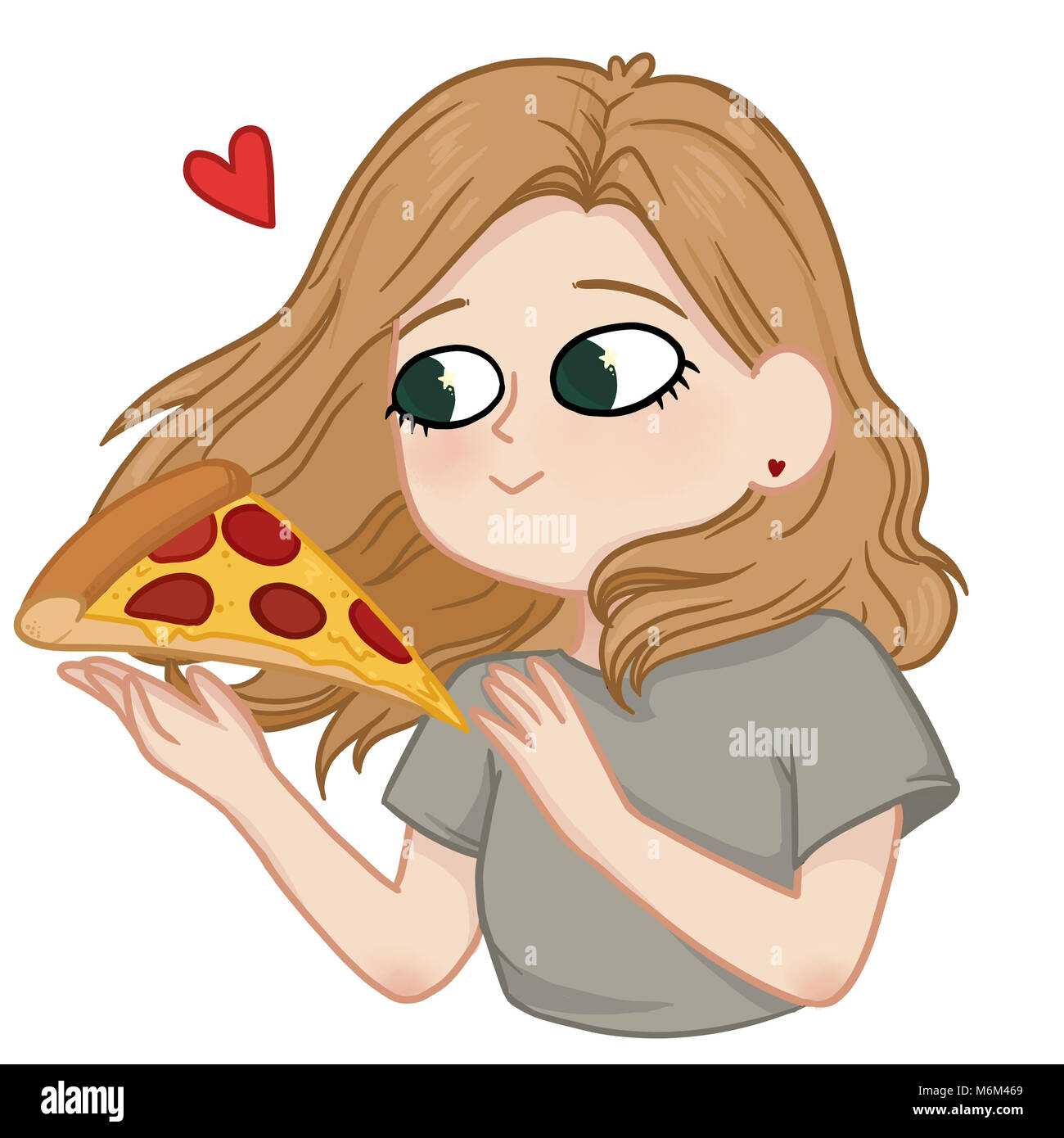 Beautiful girl with big green eyes is going to eat a slice of pizza, favourite food. Stock Photo