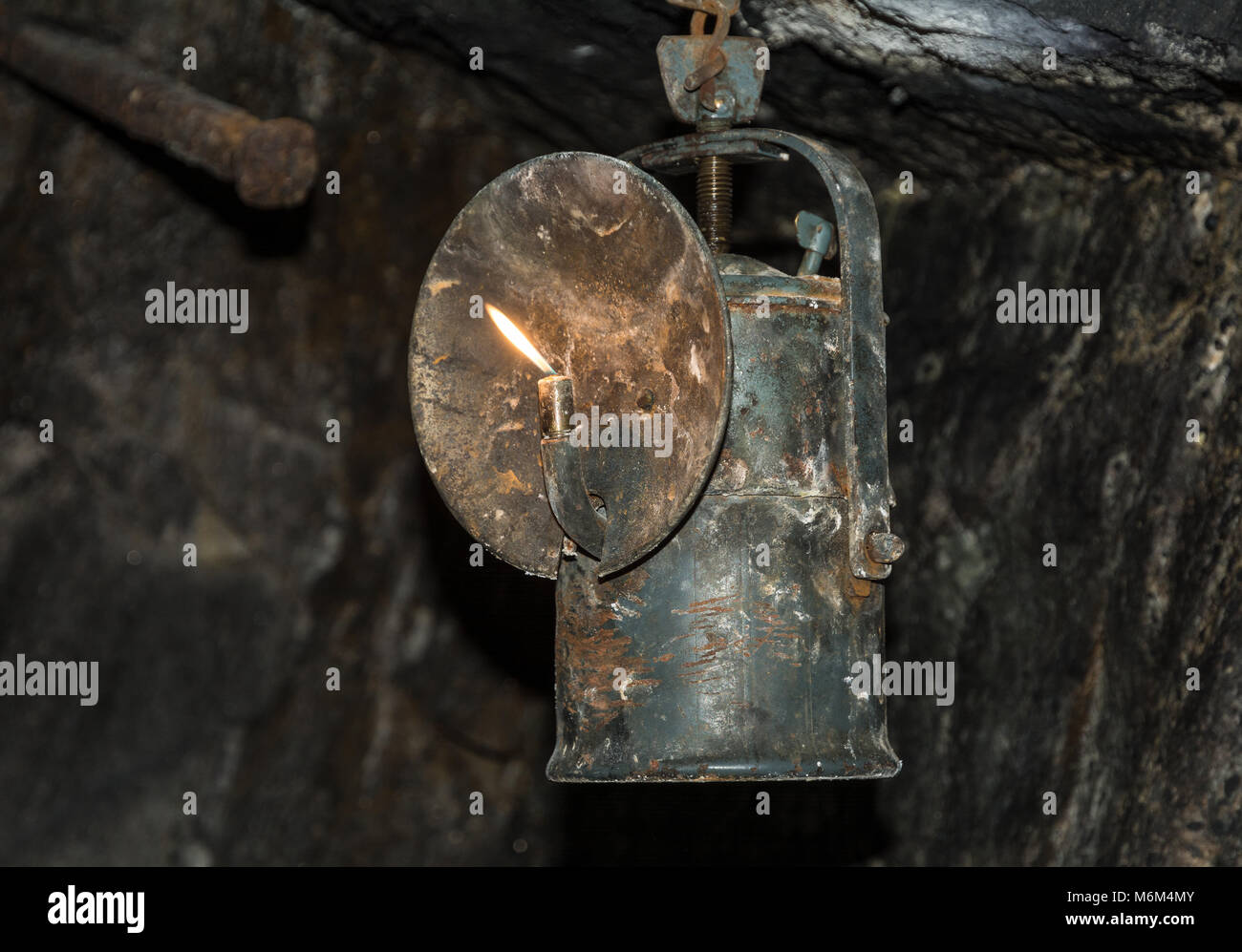 Carbide lamps, or acetylene gas lamps. It is a type of lamp used in the past by miners. It was invented in 1900. Stock Photo