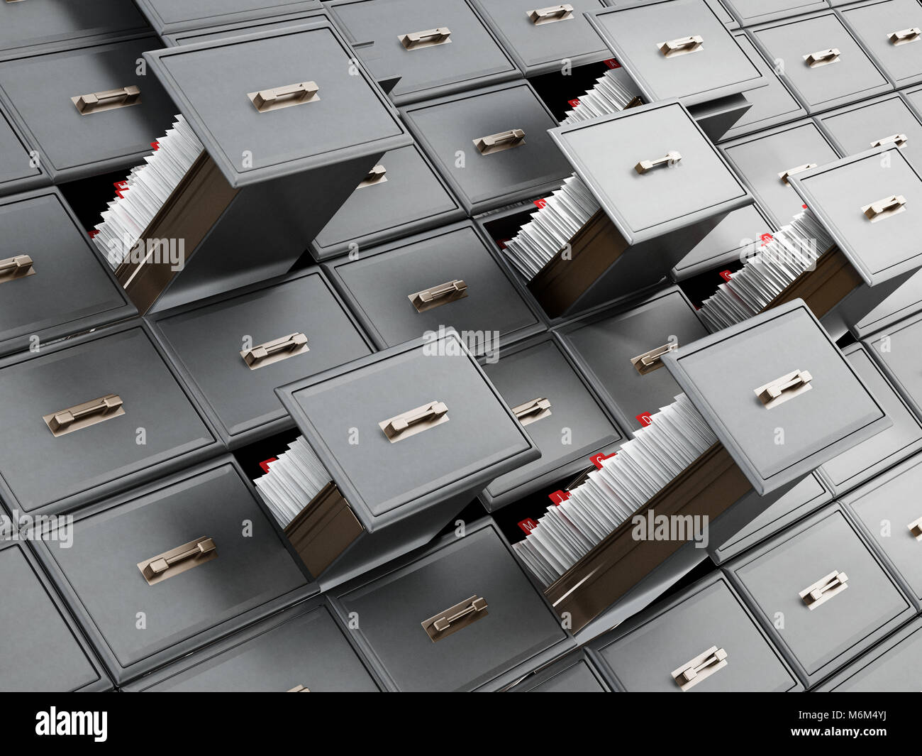 Library catalogue wooden drawer with letters. 3D illustration. Stock Photo