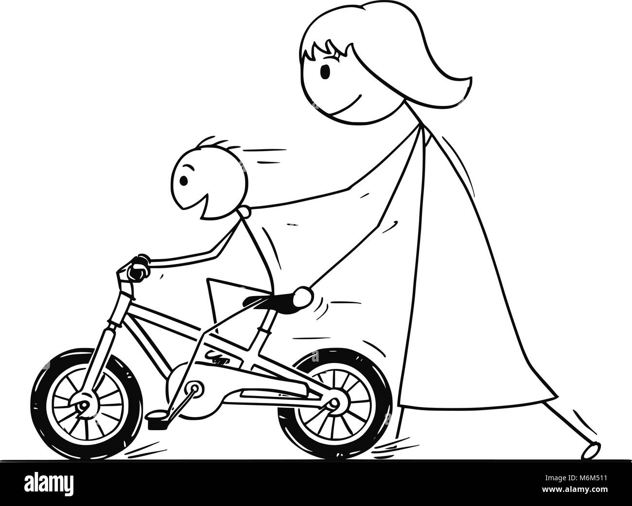 Cartoon of Mother and Son Learning to Ride a Bike or Bicycle Stock Vector