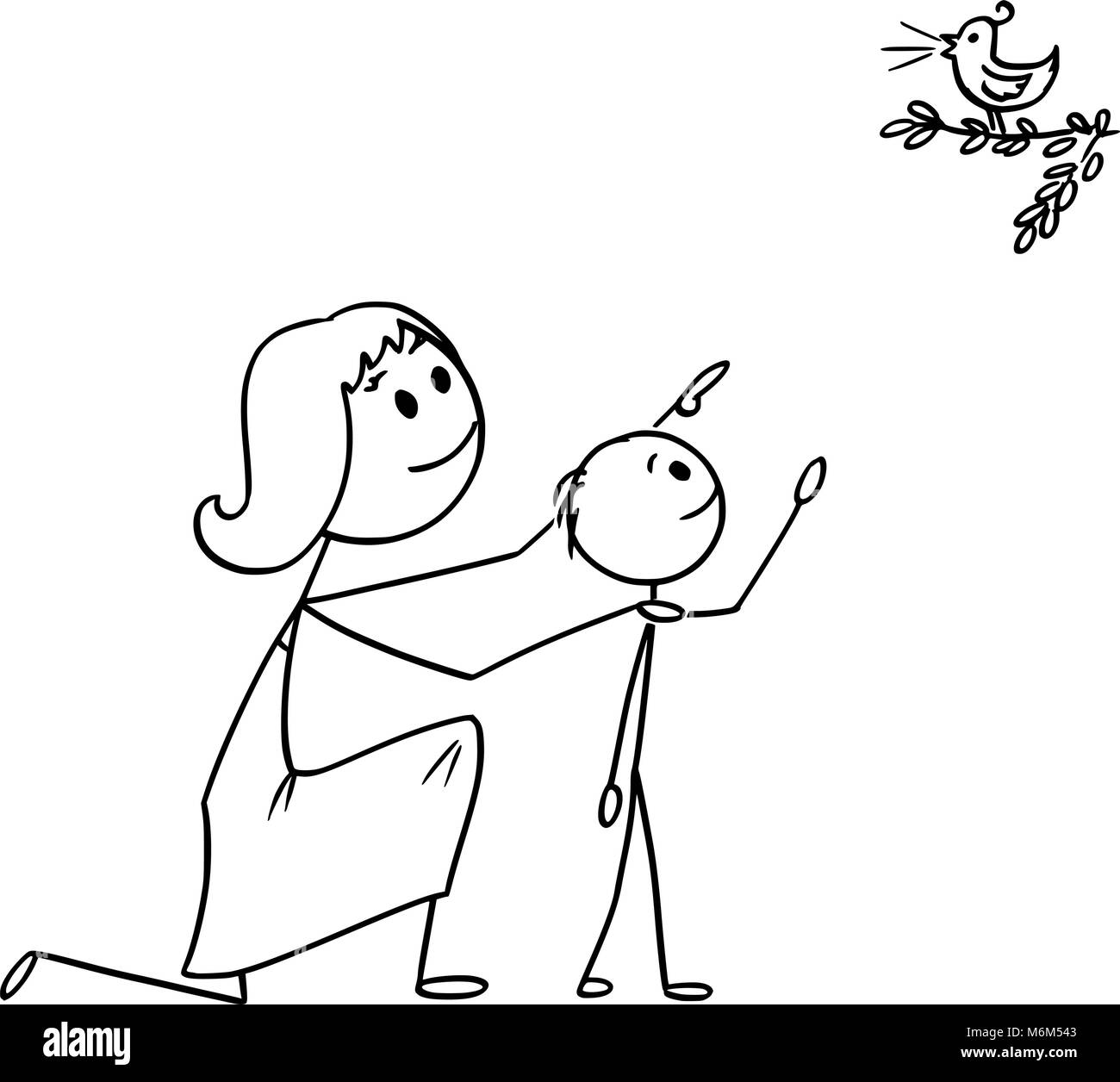 Cartoon of Mother and Son Watching a Wild Bird in Nature Stock Vector