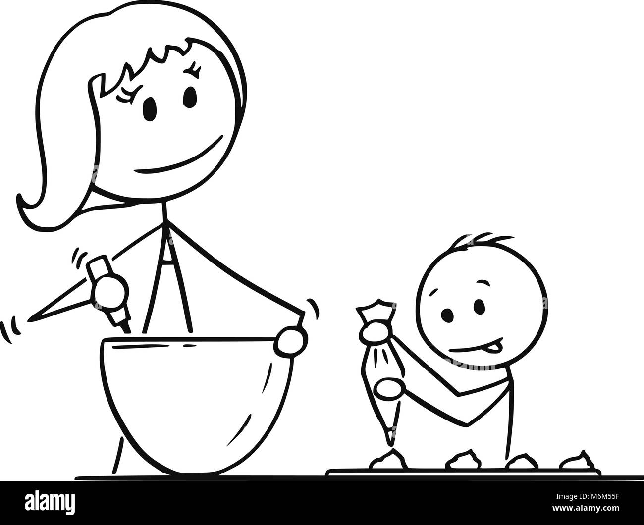 Cartoon of Mother and Son Cooking or Baking Together Stock Vector
