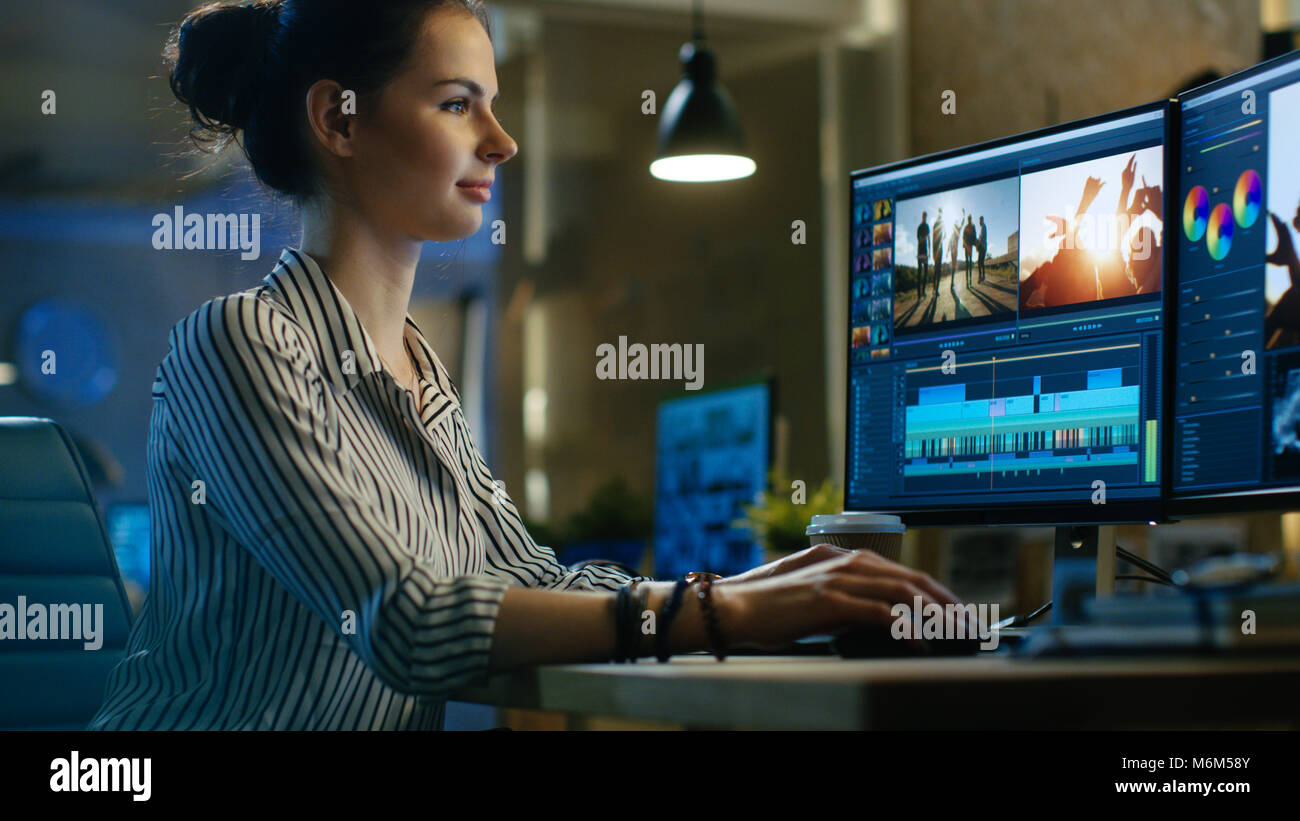Beautiful Female Video Editor Works with Footage on Her Personal