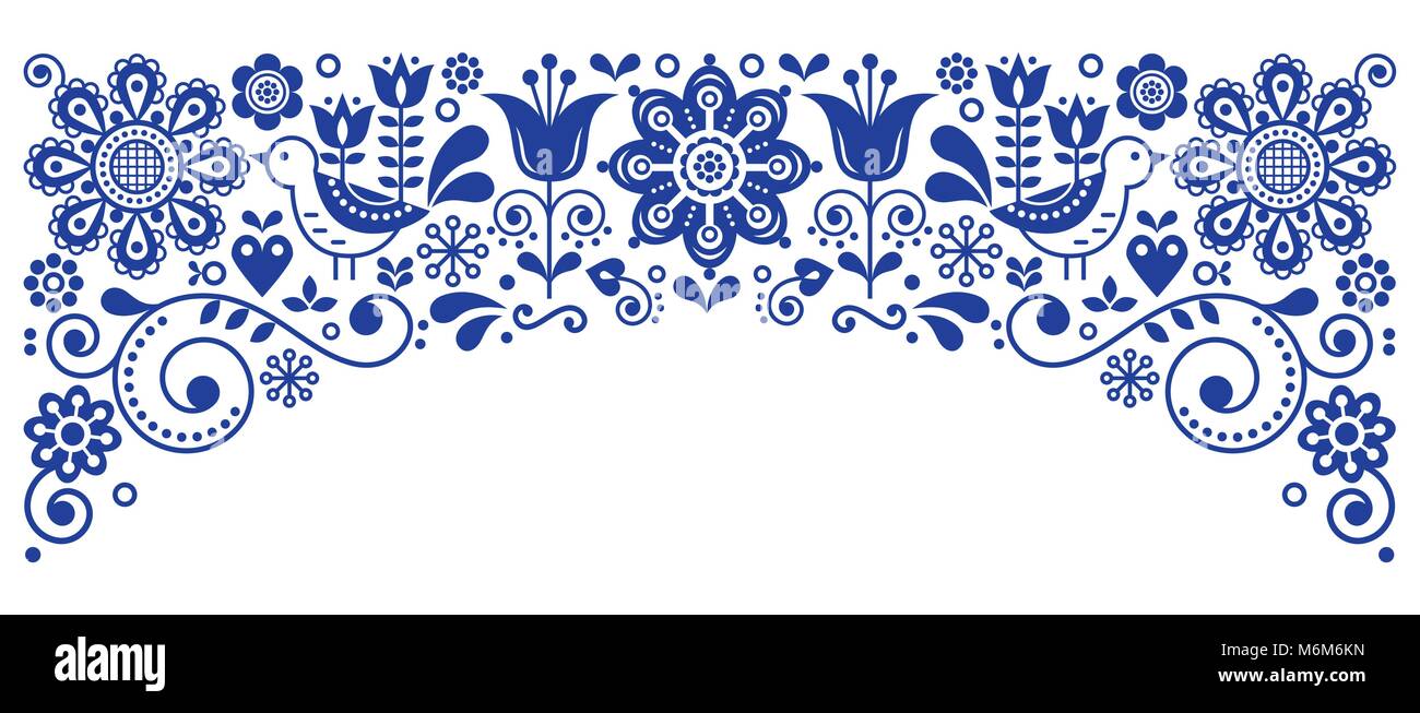 Scandinavian folk art frame border retro vector greeting card design, floral navy blue ornament with birs and flowers Stock Vector