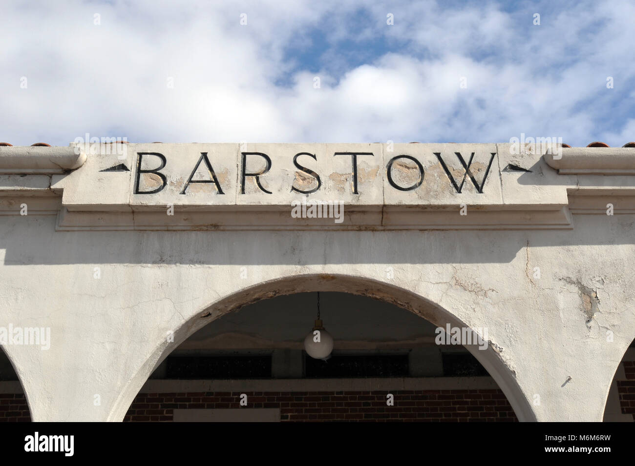Detail of the historic Barstow, California train station, a former Harvey House depot-hotel built in 1911 and called the Casa del Desierto. Stock Photo
