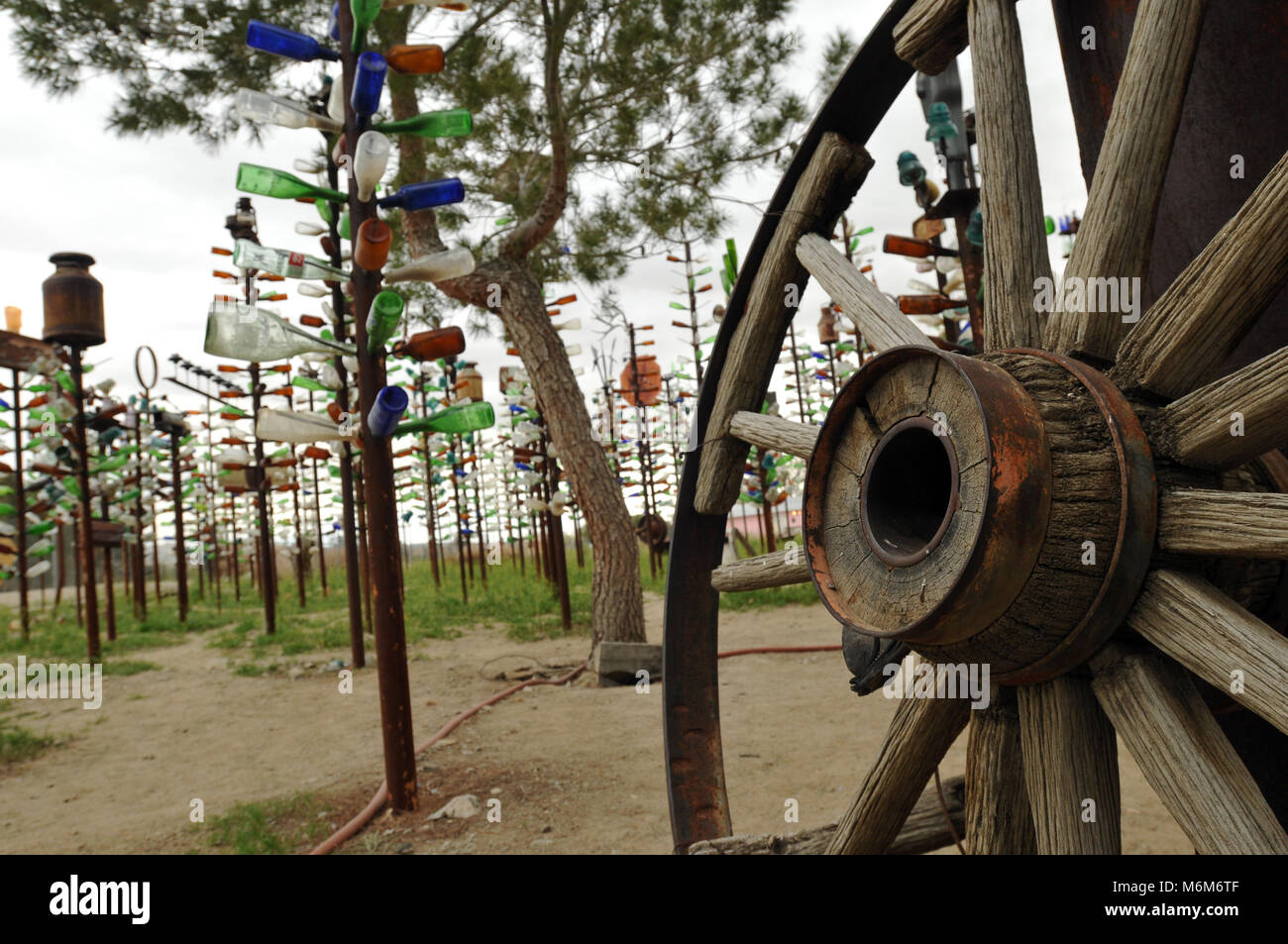 Elmer's Bottle Tree Ranch, a folk art installation and roadside attraction created by Elmer Long, stands along old Route 66 in Oro Grande, California. Stock Photo