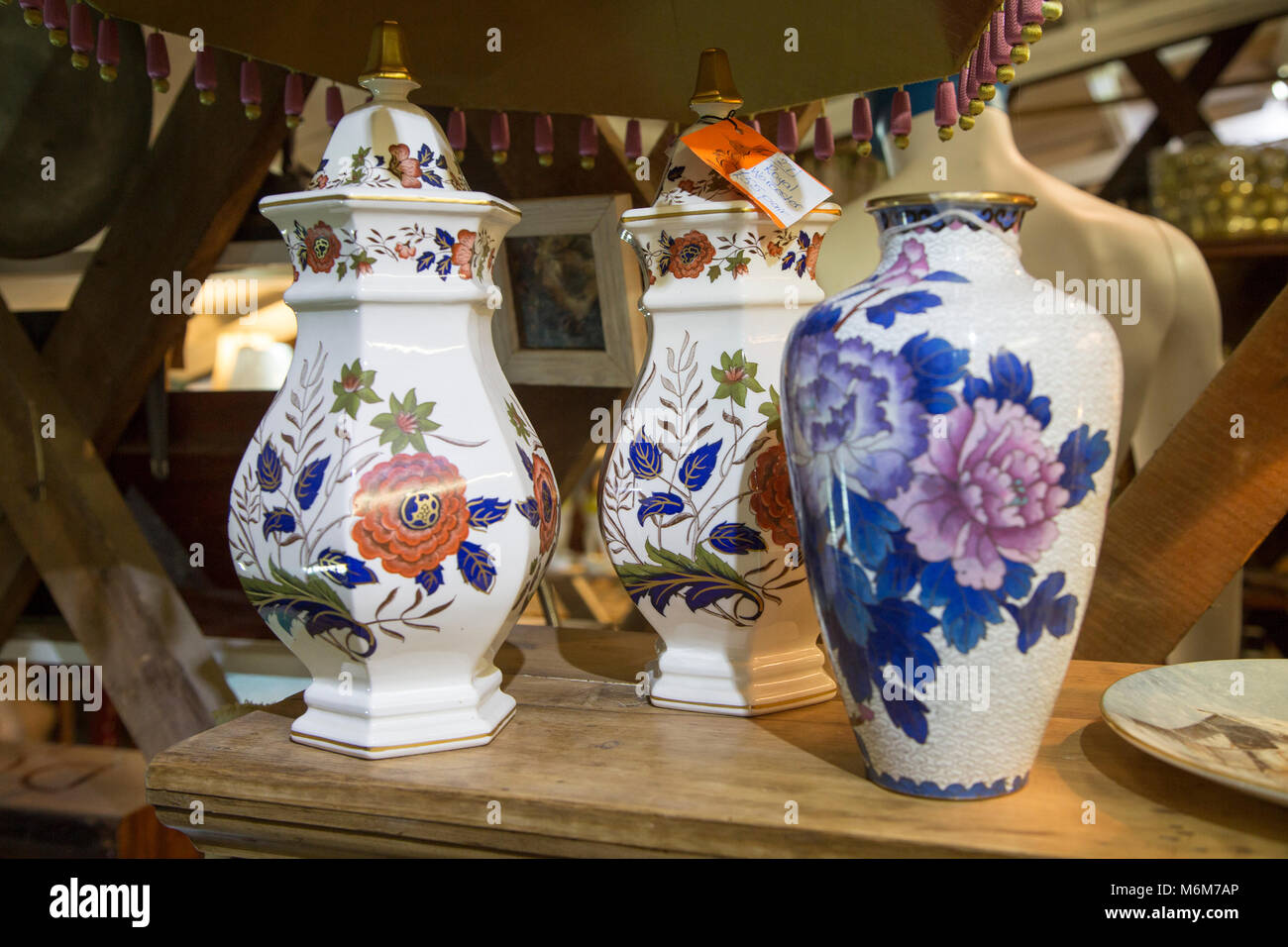 Royal Worcester pottery items on sale in antique shop, Marlesford Mill, Suffolk, England, UK