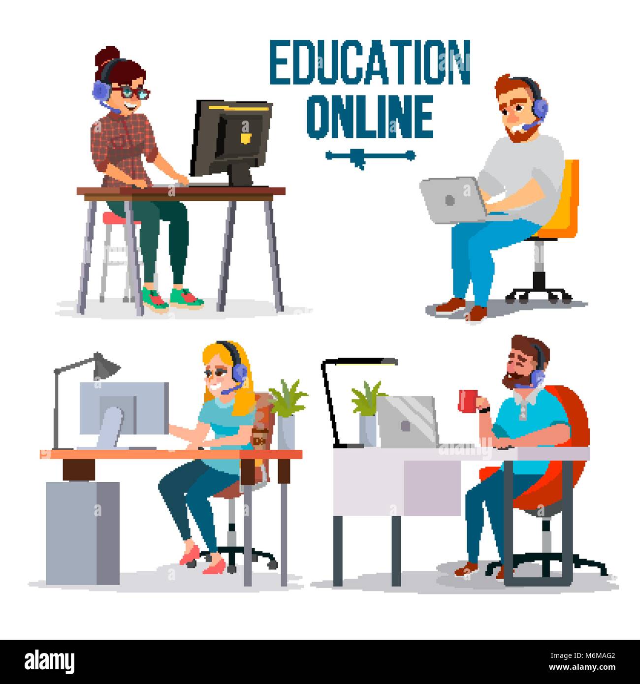 Education Online Concept Vector People Using Online Education