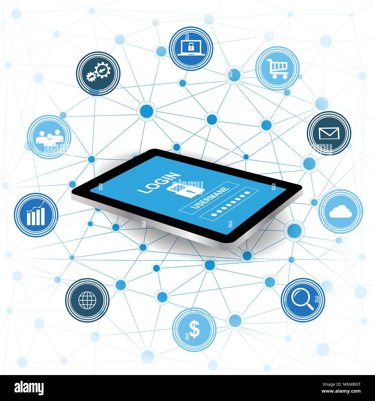 Cyber Security concept.Tablet with security protection and icons for web.Internet security. Protected computer networks Stock Vector