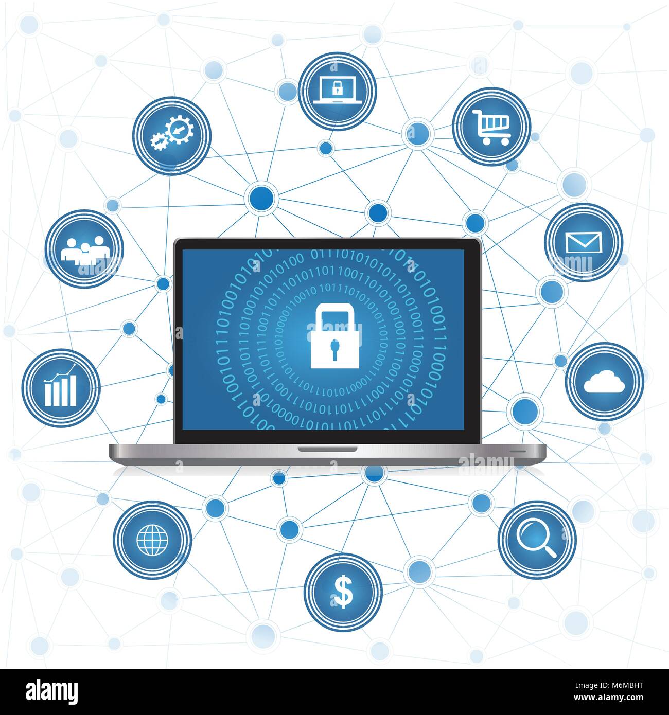 Cyber Security concept.Laptop with security protection and icons for web.Internet security. Protected computer networks Stock Vector