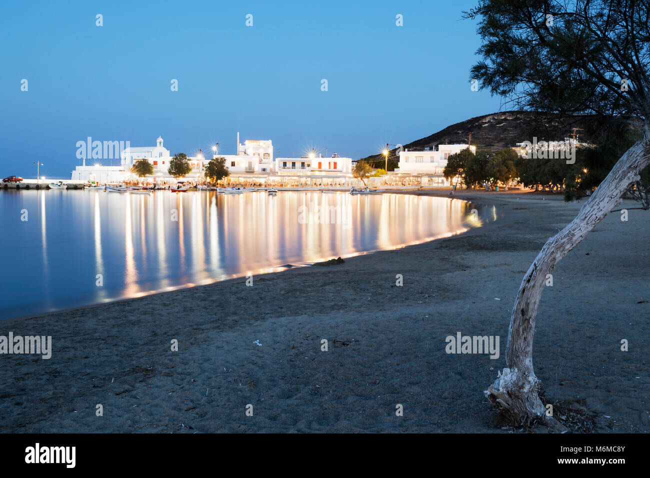 View along sand beach at night, Pollonia, Milos, Cyclades, Aegean Sea, Greek Islands; Greece; Europe Stock Photo