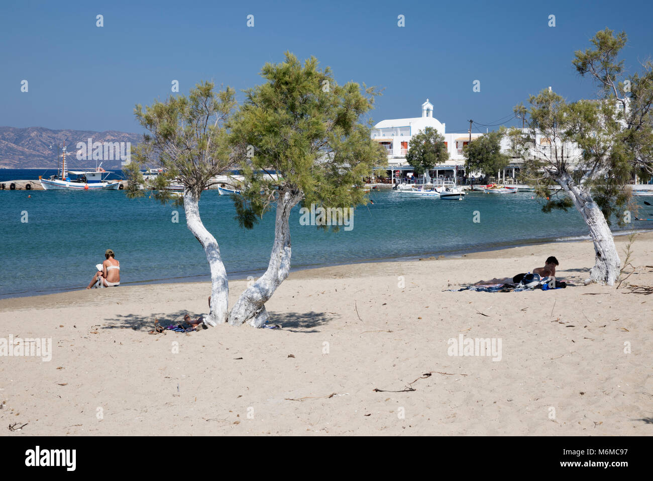 View along white sand beach, Pollonia, Milos, Cyclades, Aegean Sea, Greek Islands; Greece; Europe Stock Photo
